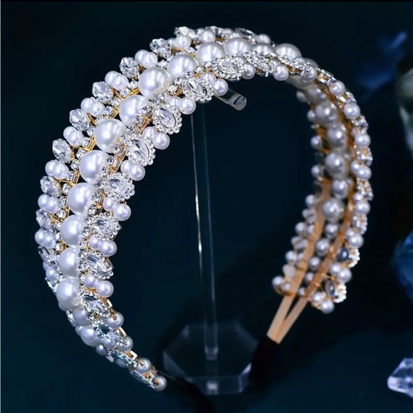 Vintage Faux Pearl Sparkling Rhinestone Wide Brimmed HeadBand - Picture 4 of 6